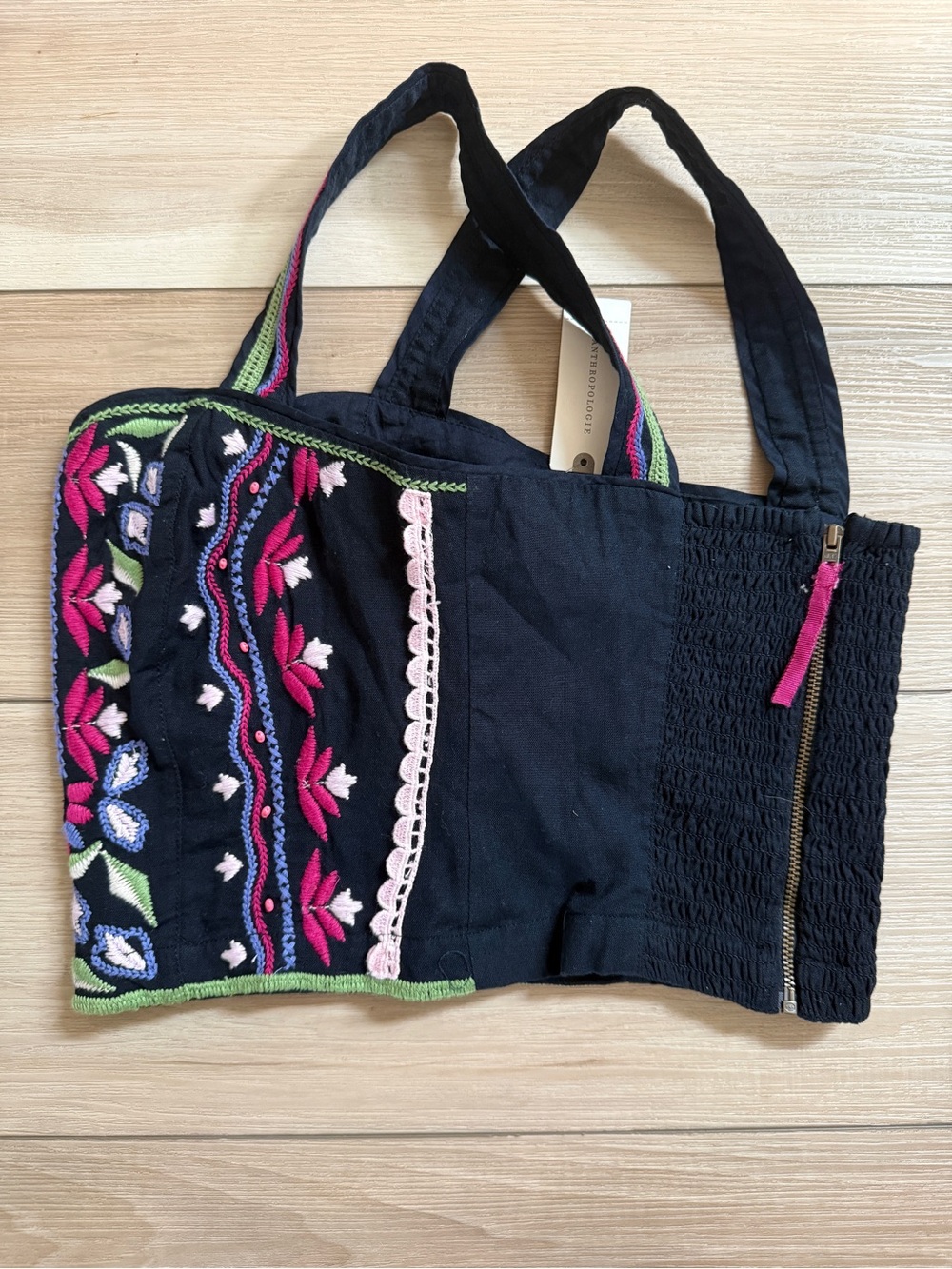 NWT Anthropologie Crop Top Embroidered Boho Black Floral Size 4 - Picture 7 of 13